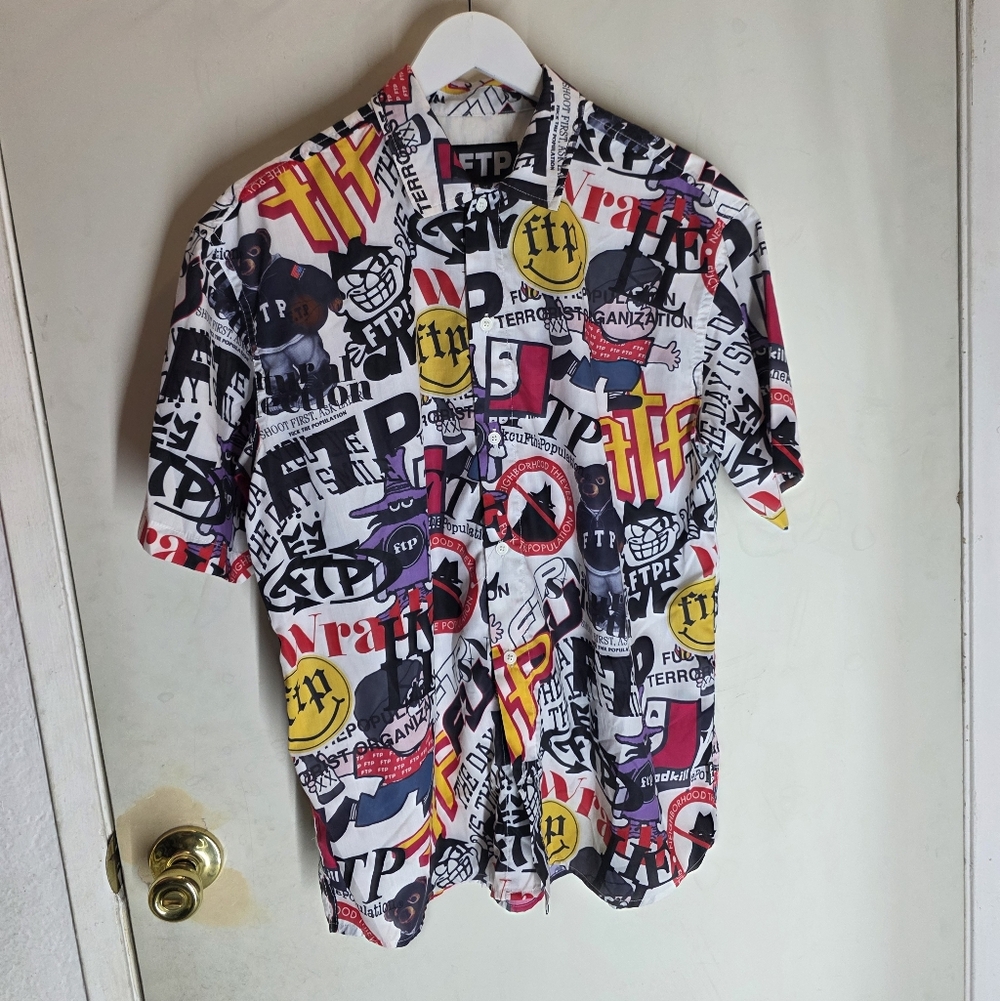 FTP All Over Button Up M Archive Logos GoodKill Shoot First FuckThePopulation